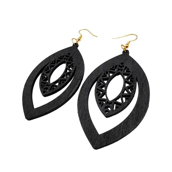 Hollow Cut Wood Bohemian Earrings Jewelry Teardrop Boho Style Black - Picture 2 of 4